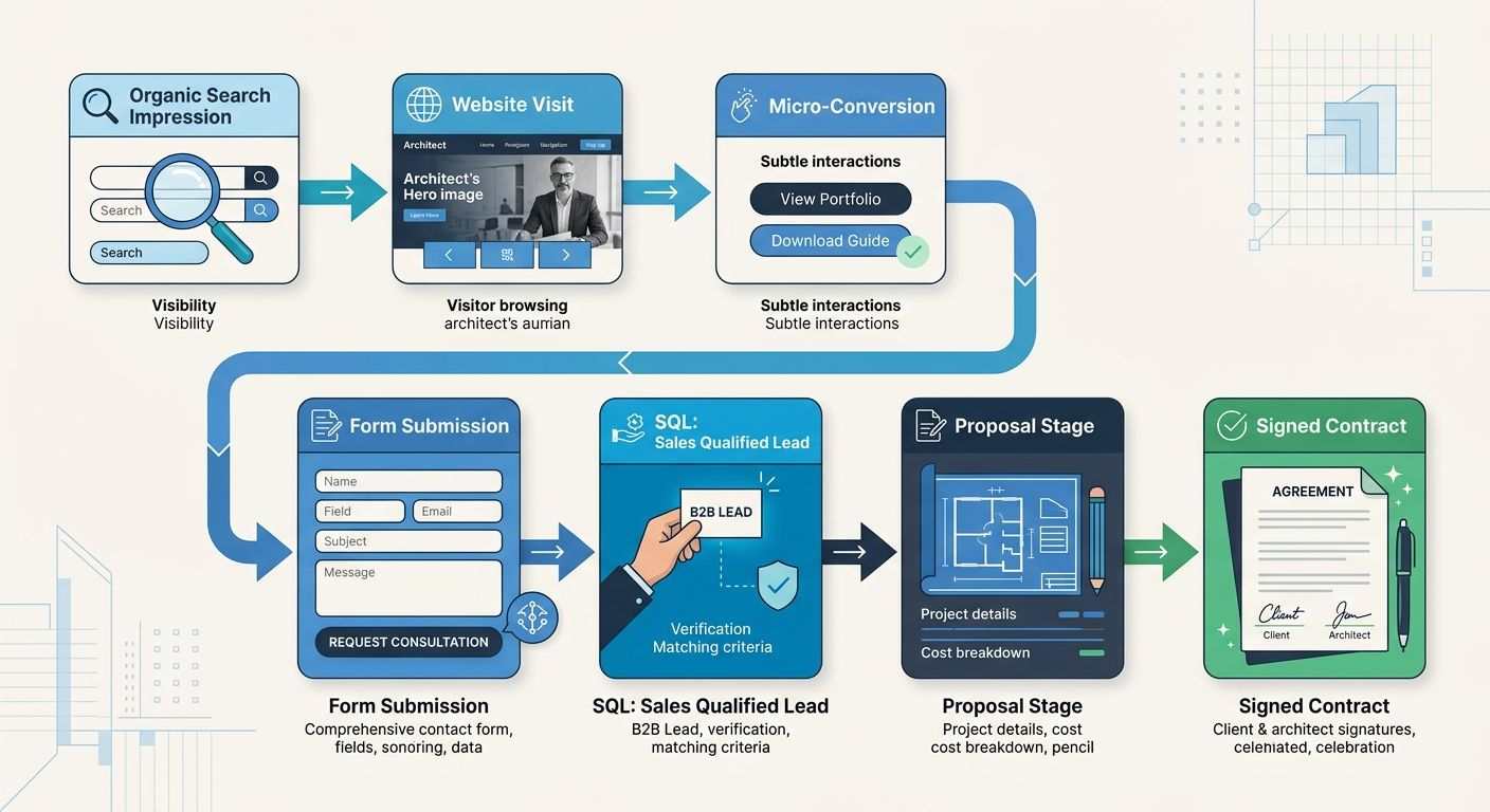 flowchart diagram showing the Search-to-SQL measurement path for an architecture firm, from organic search impression through website visit, micro-conversion, form submission, sales qualified lead, pr