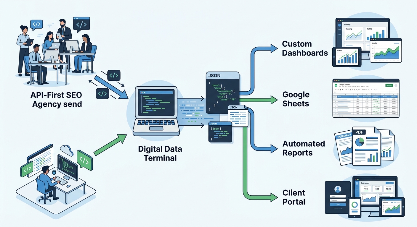 A diagram showing the API-first SEO workflow: agency sends API request, receives JSON data, which flows into custom dashboards, Google Sheets, automated reports, and client portals
