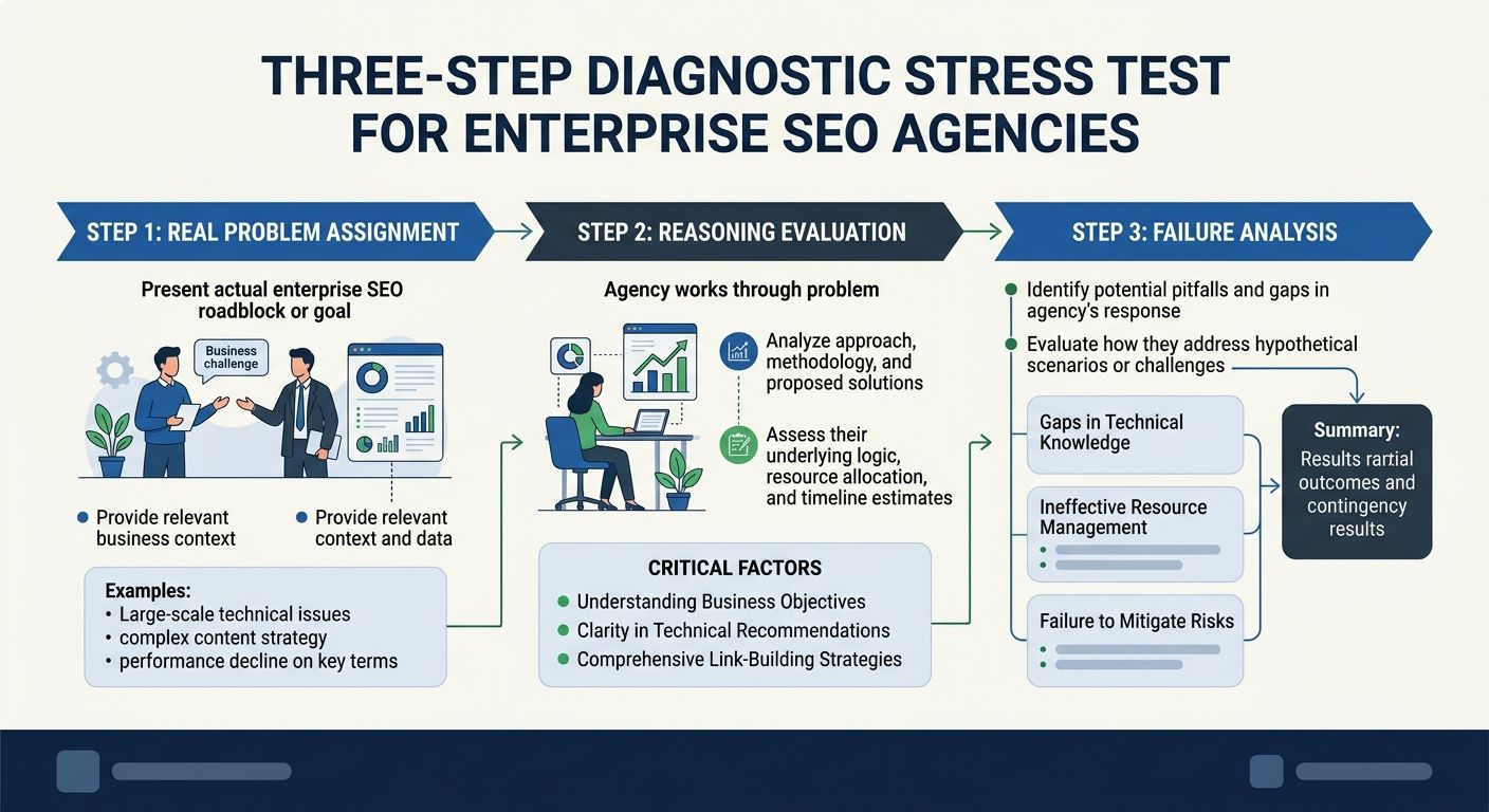 A flowchart illustrating the three-step Diagnostic Stress Test process for evaluating enterprise SEO agencies, showing the real problem assignment, reasoning evaluation, and failure analysis stages