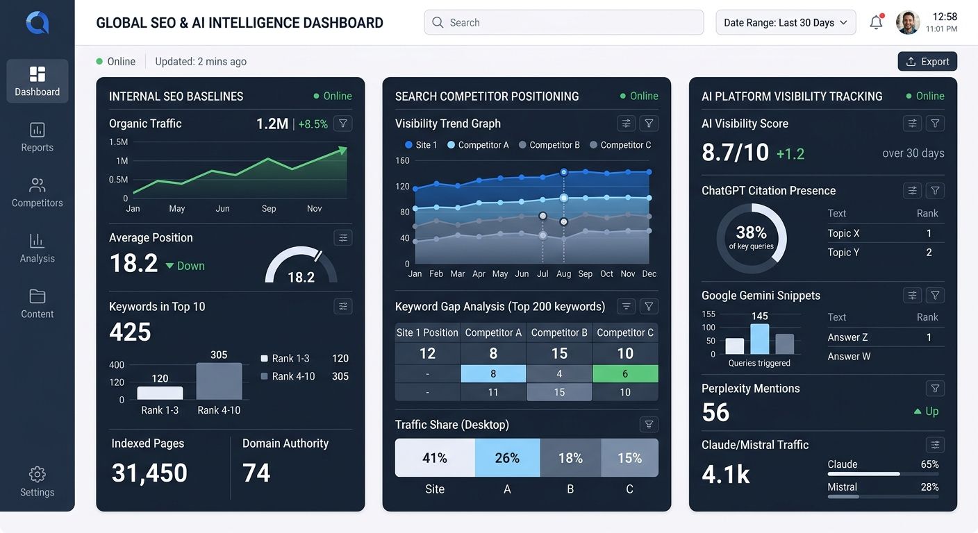 Dashboard mockup showing three monitoring panels side by side - internal SEO baselines on the left, search competitor positioning in the center, and AI platform visibility tracking on the right
