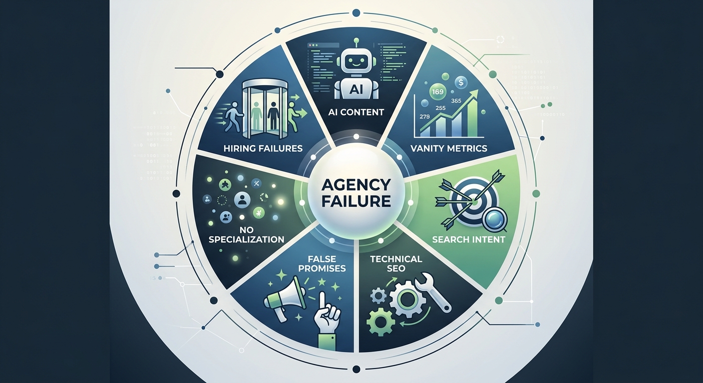 A circular diagram showing the seven failure modes of SEO agencies arranged around a central "Agency Failure" label, with icons representing each mode: a robot for AI content, a chart for vanity metri