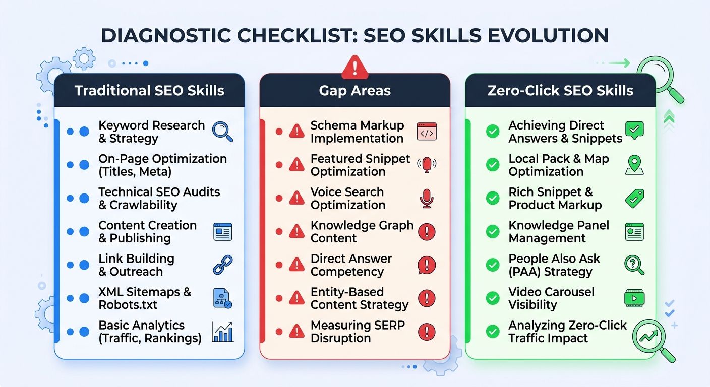 A diagnostic checklist visualization showing three columns labeled "Traditional SEO Skills," "Gap Areas," and "Zero-Click SEO Skills" with specific competencies listed in each column and red warning i
