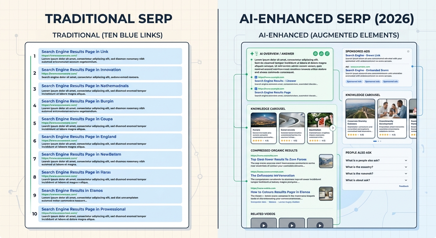 A comparison diagram showing a traditional SERP with ten blue links on the left versus a 2026 AI-enhanced SERP on the right with AI Overview, ads, carousels, and compressed organic results