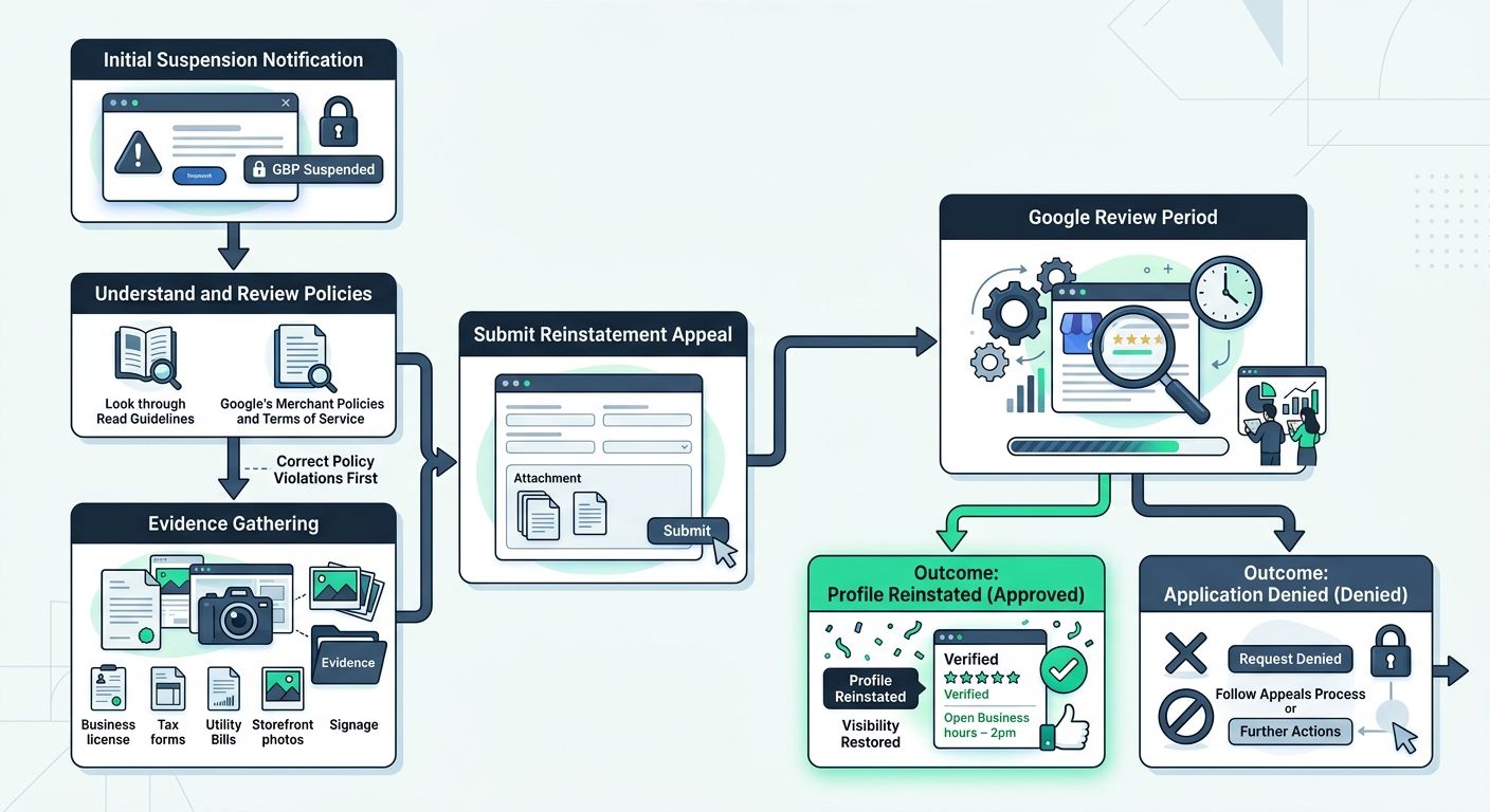 A step-by-step flowchart showing the Google Business Profile reinstatement process, from initial suspension notification through evidence gathering, appeal submission, review period, and possible outc