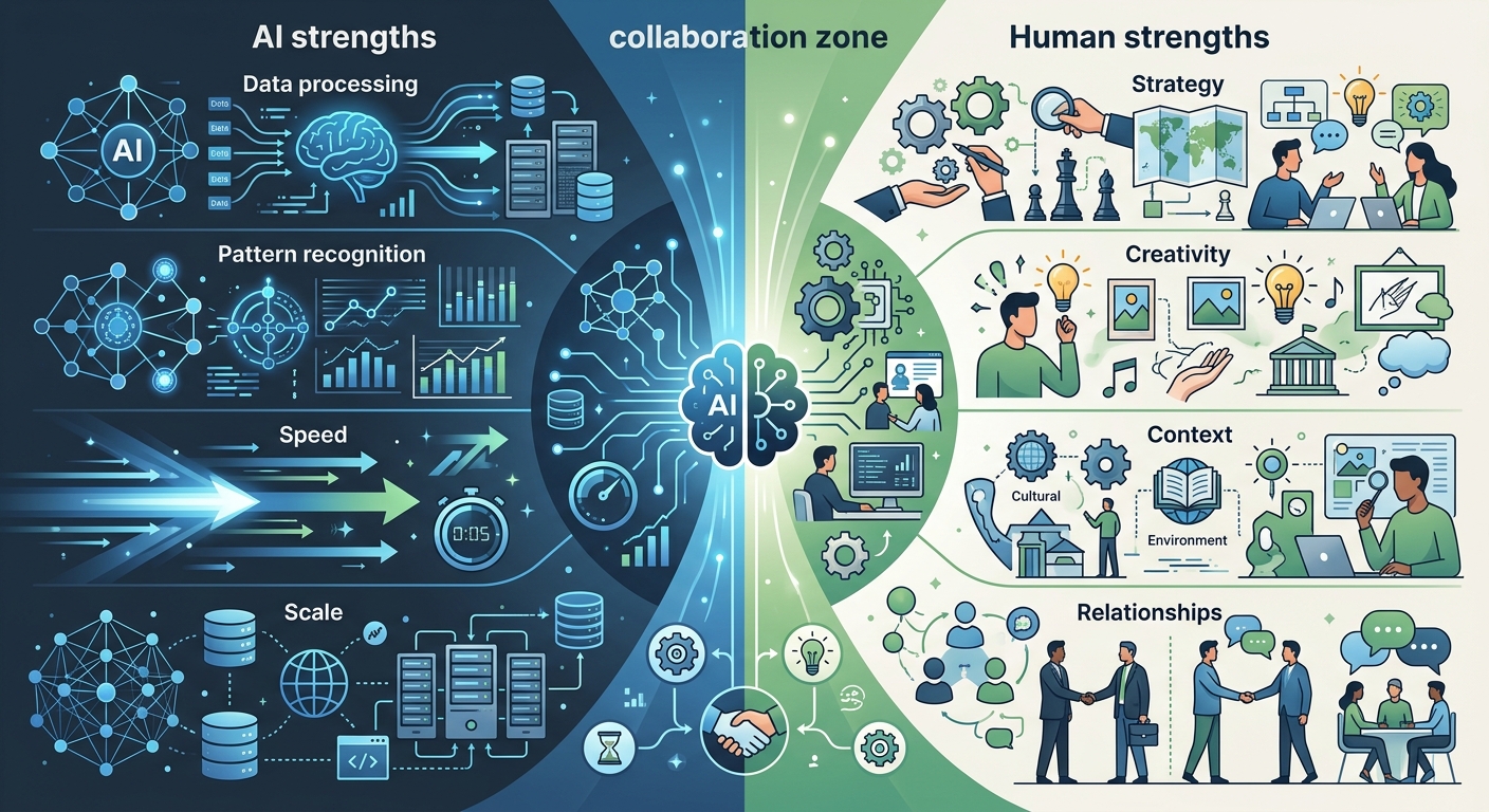 A split-screen illustration comparing AI strengths (data processing, pattern recognition, speed, scale) on one side versus human strengths (strategy, creativity, context, relationships) on the other, 