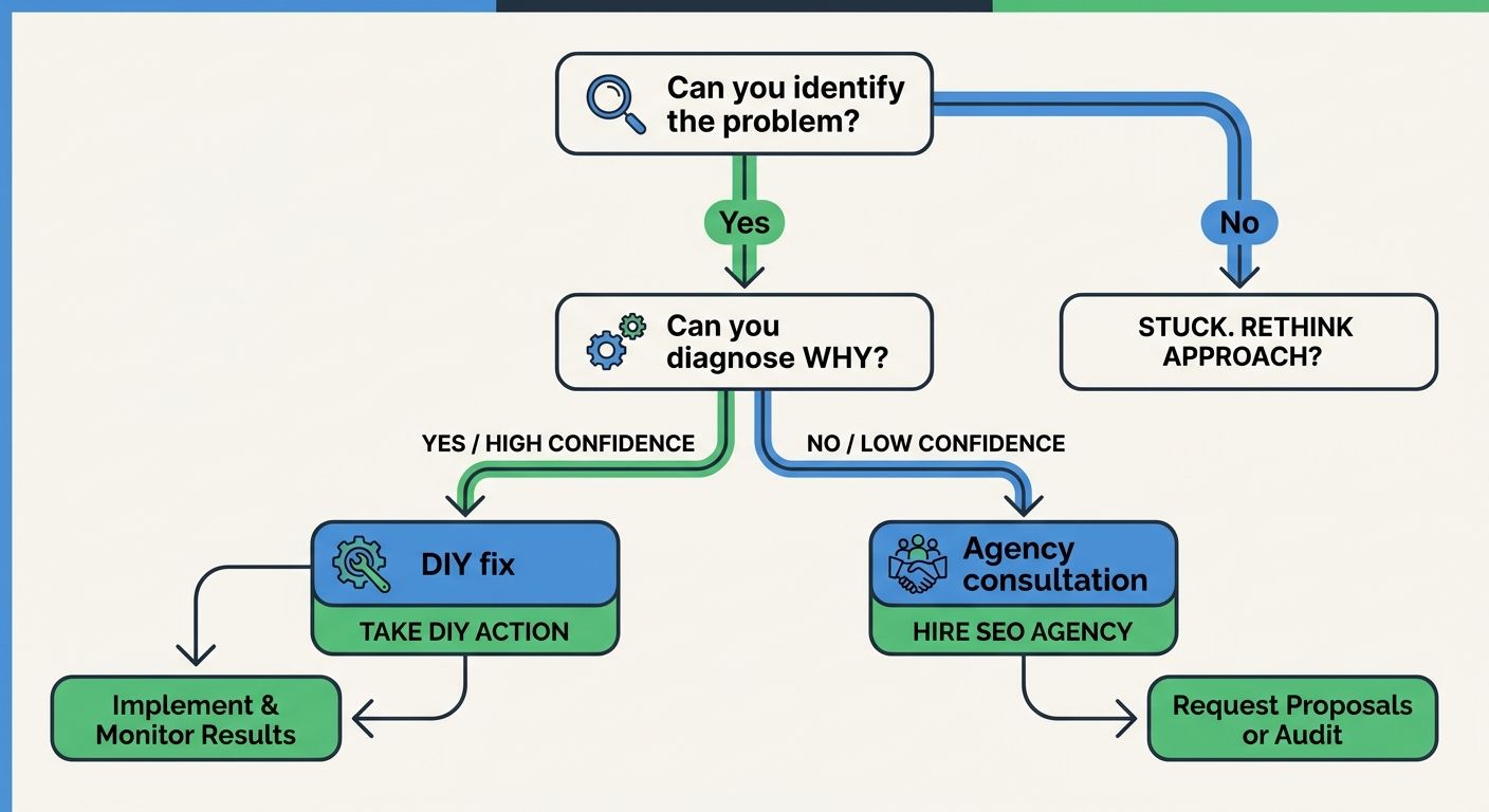A flowchart diagram showing the SEO debugging decision tree, starting with "Can you identify the problem?" branching to "Can you diagnose WHY?" then branching to either "DIY fix" or "Agency consultati