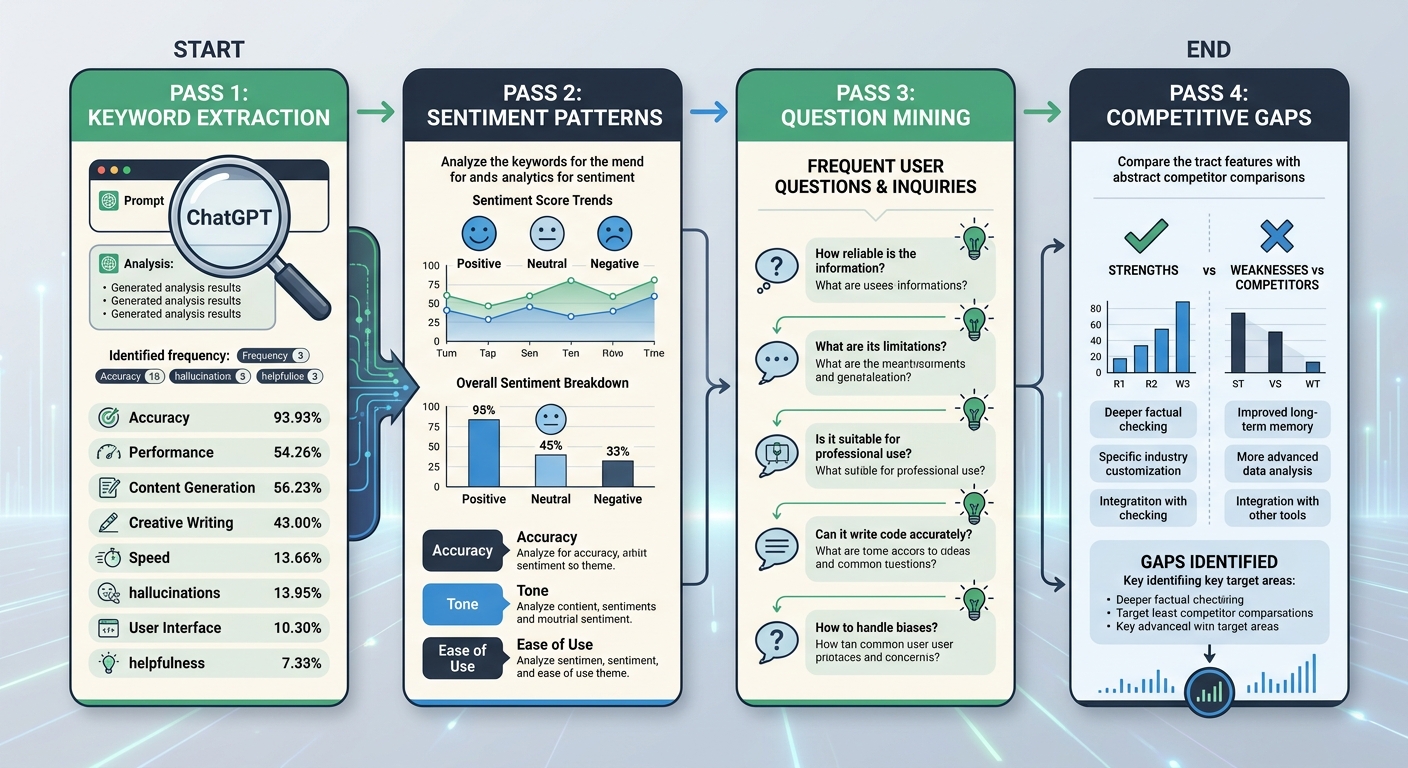 An infographic showing the four-pass ChatGPT review analysis framework as a flowchart - Pass 1 (Keyword Extraction) flows to Pass 2 (Sentiment Patterns) flows to Pass 3 (Question Mining) flows to Pass