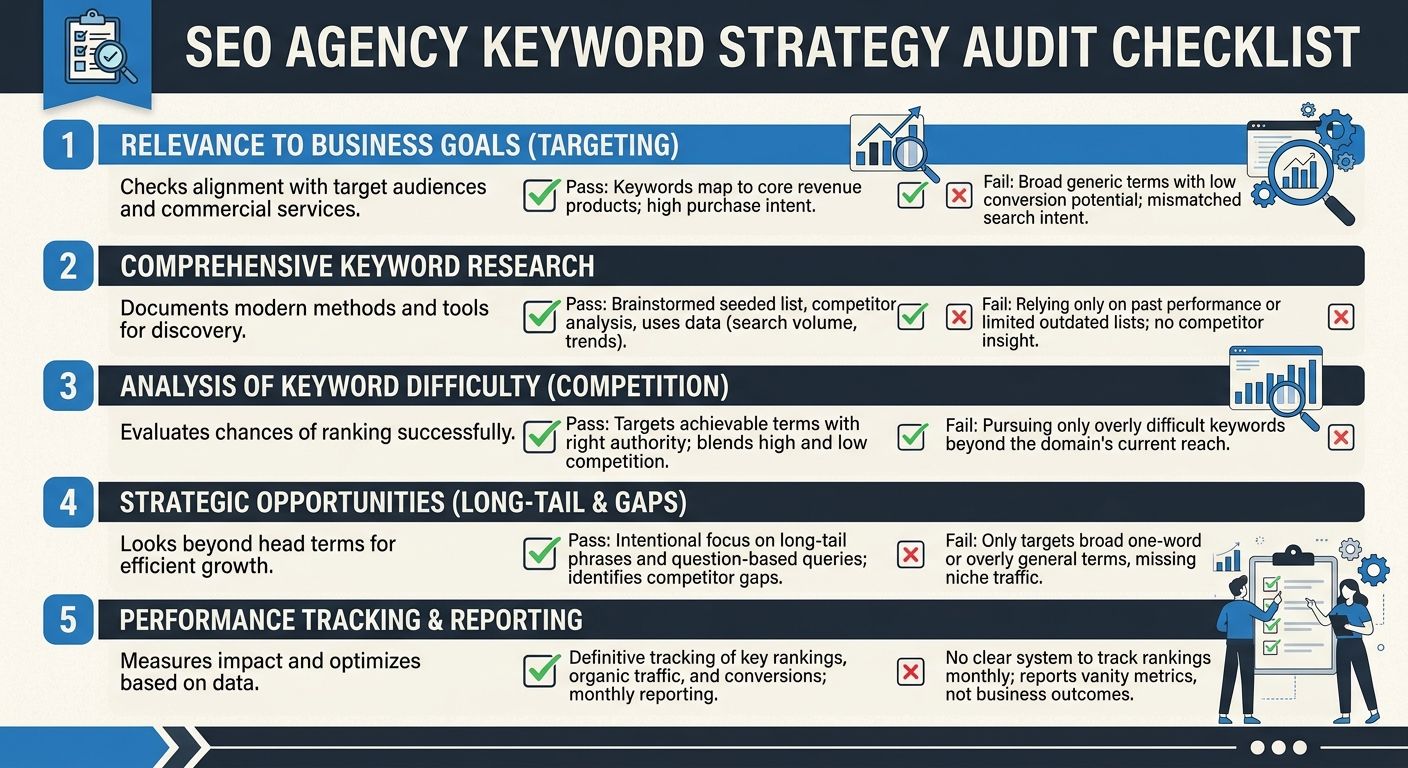 A professional audit checklist document showing the five key criteria for evaluating an SEO agency's keyword strategy, with checkboxes and example passing and failing scenarios for each criterion