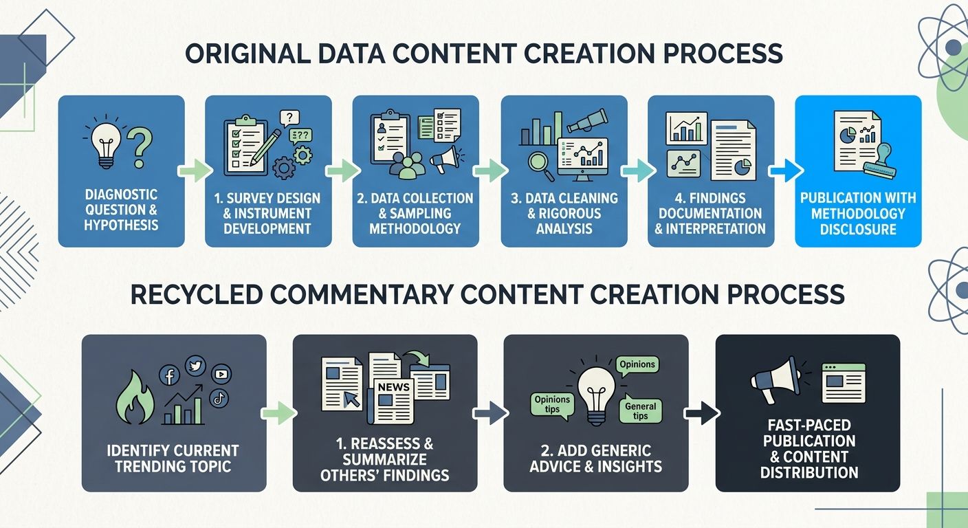 A flowchart showing the difference between original data content creation (survey design, data collection, analysis, publication with methodology) versus recycled commentary content creation (find tre