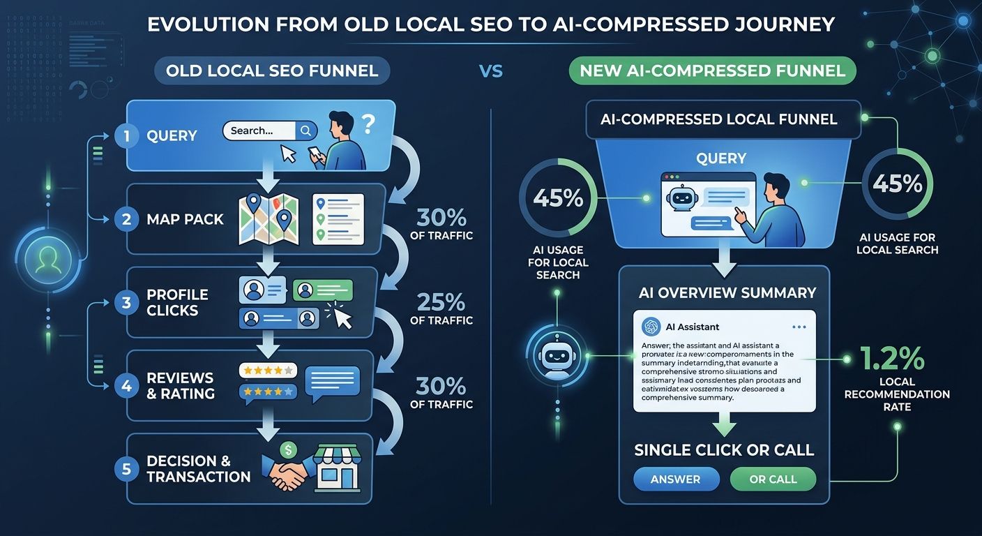 An infographic showing the old local SEO funnel with five stages (query, map pack, profile clicks, reviews, decision) versus the new AI-compressed funnel with two stages (query, AI Overview summary le