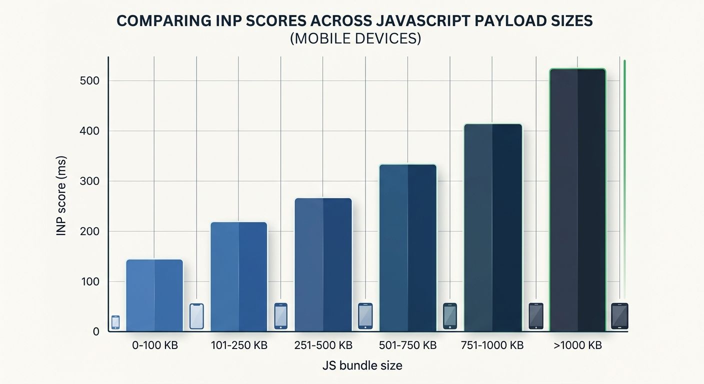 A bar chart comparing INP scores across different JavaScript payload sizes — showing the correlation between total JS bundle size and Interaction to Next Paint milliseconds on mobile devices