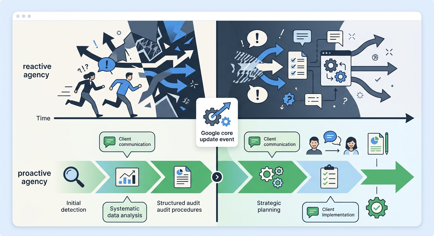 A timeline showing a Google core update event, with two response paths — a reactive agency scrambling with no process versus a proactive agency following a structured audit-analyze-act workflow with c