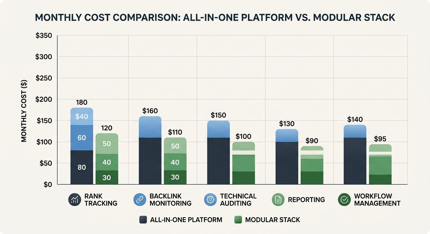 A cost comparison bar chart showing monthly expenses for an all-in-one platform versus a modular stack across five categories: rank tracking, backlink monitoring, technical auditing, reporting, and wo