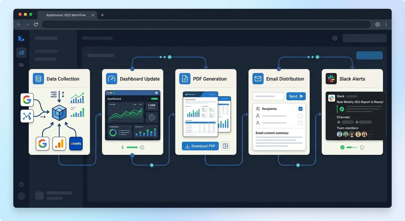 A screenshot-style illustration of an automated SEO reporting workflow showing data collection, dashboard update, PDF generation, email distribution, and Slack alerts connected in a linear flow