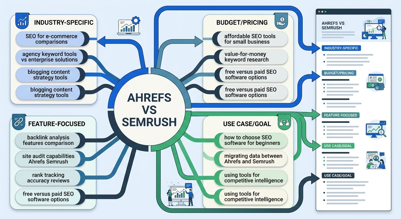 An infographic showing a comparison keyword cluster with one primary keyword ("Ahrefs vs Semrush") in the center, surrounded by 8-10 long-tail variations grouped by modifier type (industry, budget, fe