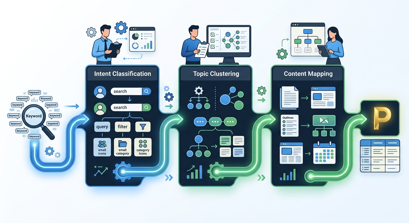 A diagram showing an AI-powered keyword research workflow, with raw keyword data flowing through intent classification, topic clustering, and content mapping stages, with human review checkpoints at e