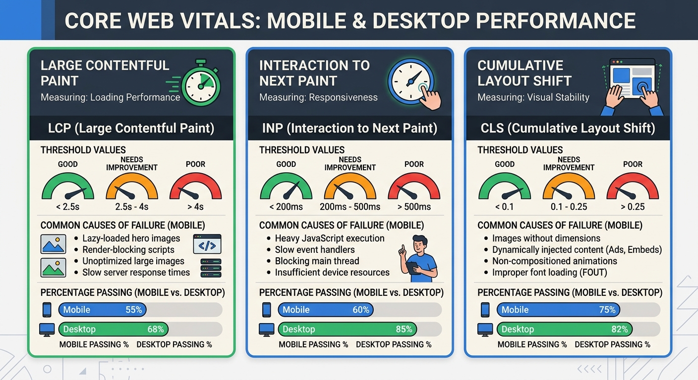 An infographic showing three Core Web Vitals metrics (LCP, INP, CLS) with their threshold values, common causes of failure on mobile devices, and the percentage of websites passing each metric on mobi