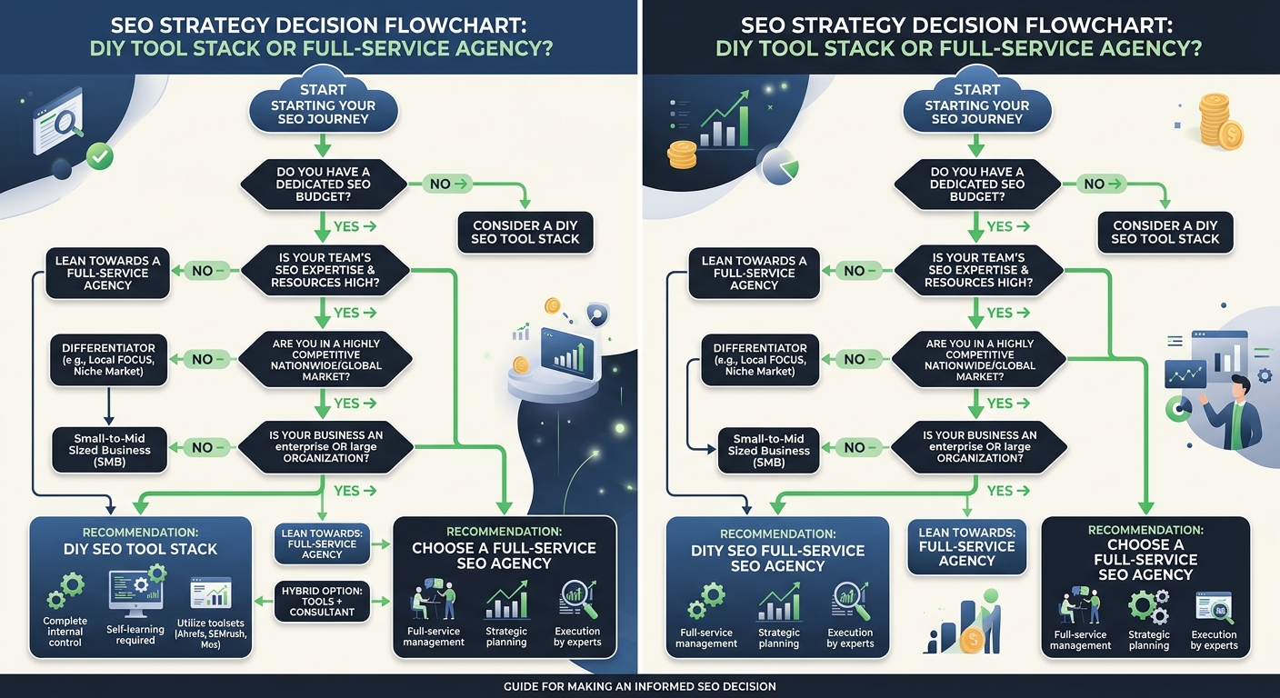 A decision flowchart helping businesses determine whether to choose a DIY SEO tool stack or a full-service agency, with decision nodes for budget, team expertise, competition level, and business size,