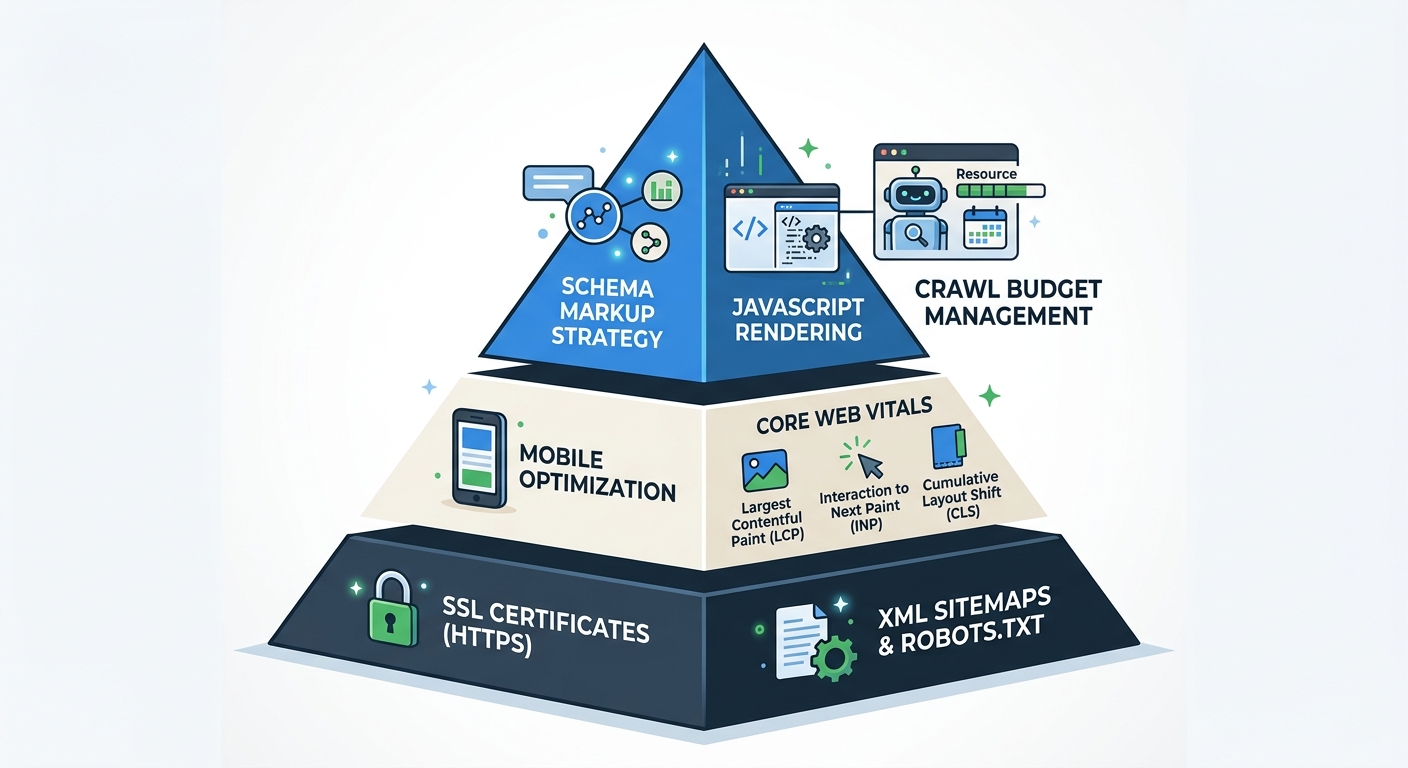 A layered pyramid diagram showing technical SEO depth, with basics like SSL and sitemaps at the bottom, mid-level items like Core Web Vitals and mobile optimization in the middle, and advanced capabil