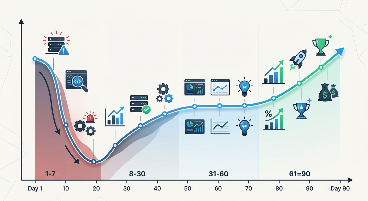 timeline visualization showing the 90-day post-migration recovery curve as a line graph, with labeled phases (initial dip at days 1-7, gradual recovery at days 8-30, stabilization at days 31-60, growt