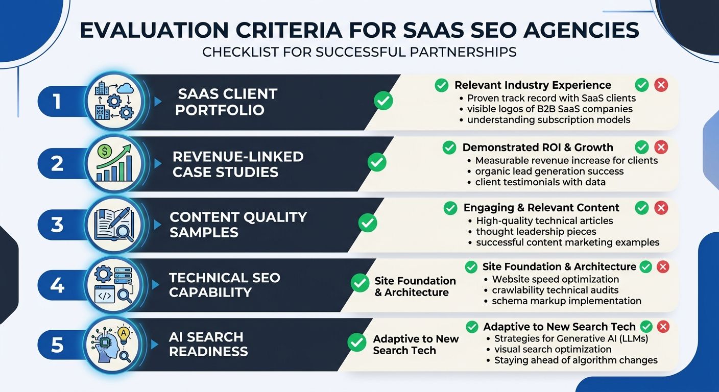 A checklist-style visual showing five evaluation criteria for SaaS SEO agencies: SaaS client portfolio, revenue-linked case studies, content quality samples, technical SEO capability, and AI search re