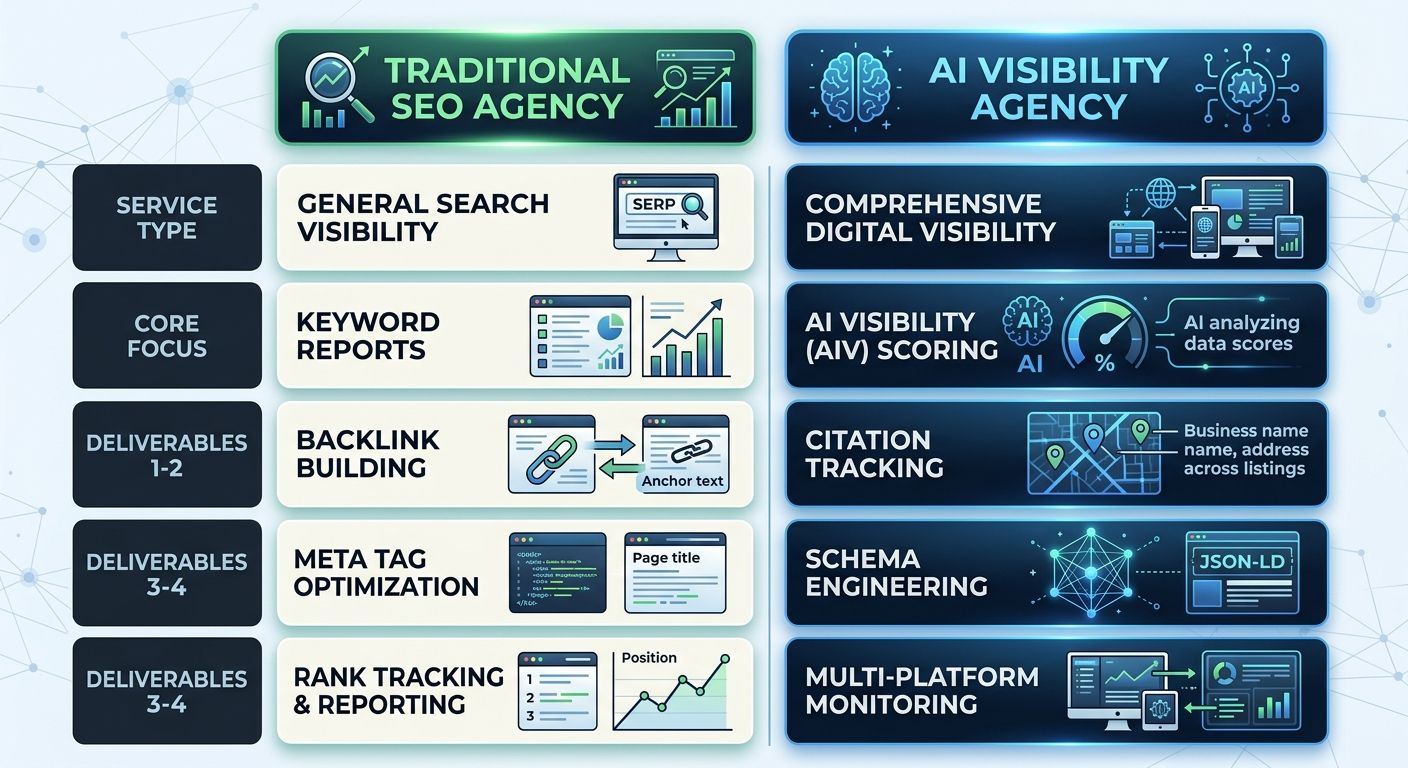 A side-by-side comparison table showing traditional SEO agency deliverables (keyword reports, backlink building, meta tag optimization) versus AI visibility agency deliverables (citation tracking, AIV