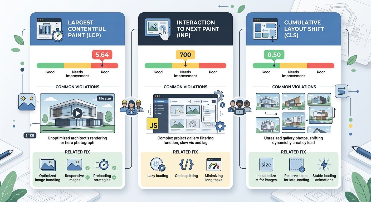 A dashboard-style visualization showing three Core Web Vitals metrics with green, yellow, and red zones, indicating target thresholds, common architecture website violations such as uncompressed hero 