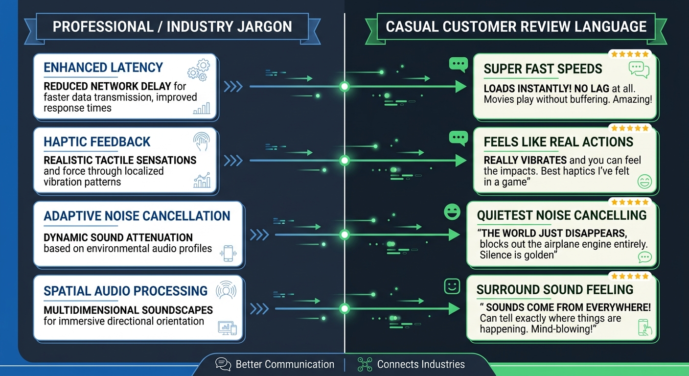 A split-screen comparison showing professional/industry jargon on the left side and corresponding casual customer language from reviews on the right side, with arrows connecting matching concepts