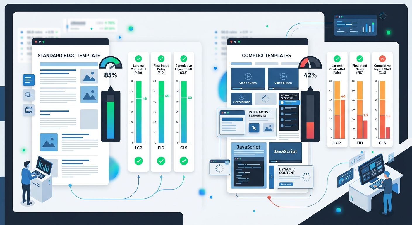 Infographic comparing CWV pass rates across different content template types, showing how standard blog templates pass at 85 percent while complex templates with video embeds and interactive elements 