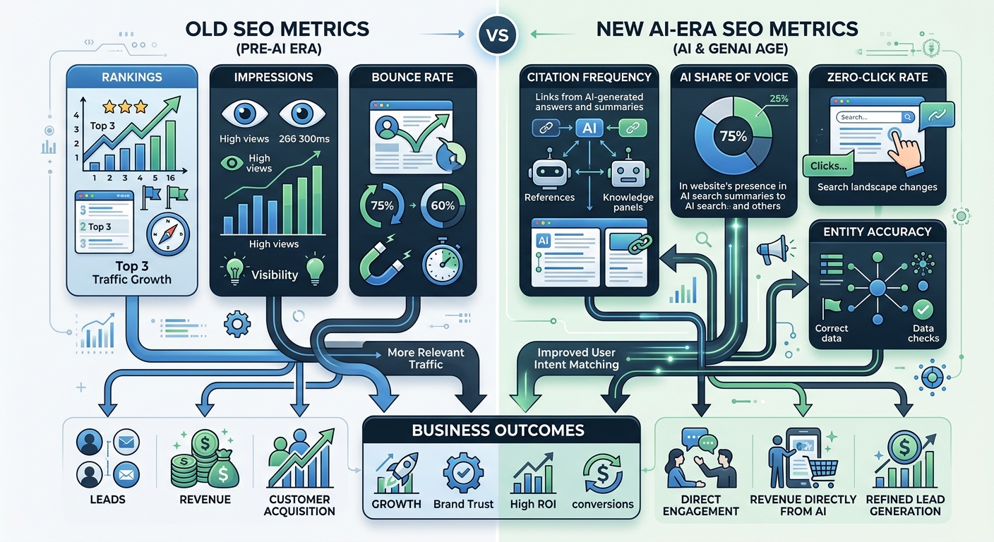 An infographic comparing old SEO metrics (rankings, impressions, bounce rate) on the left with new AI-era SEO metrics (citation frequency, AI share of voice, zero-click rate, entity accuracy) on the r