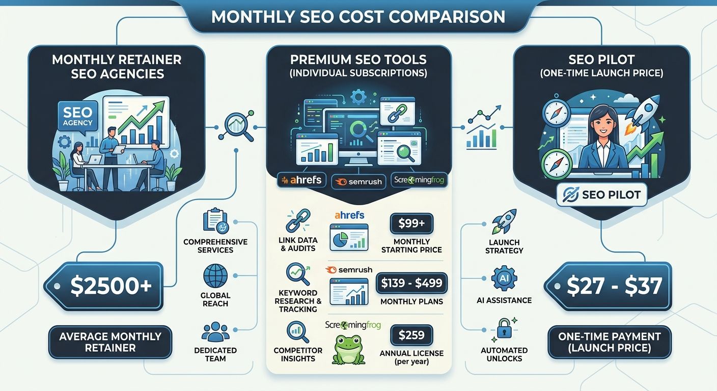Infographic comparing monthly costs of SEO agencies ($2500 avg retainer), premium SEO tools (Ahrefs $99/mo, SEMrush $139-$499/mo, Screaming Frog $259/yr), and SEO Pilot ($27-$37 one-time launch price)
