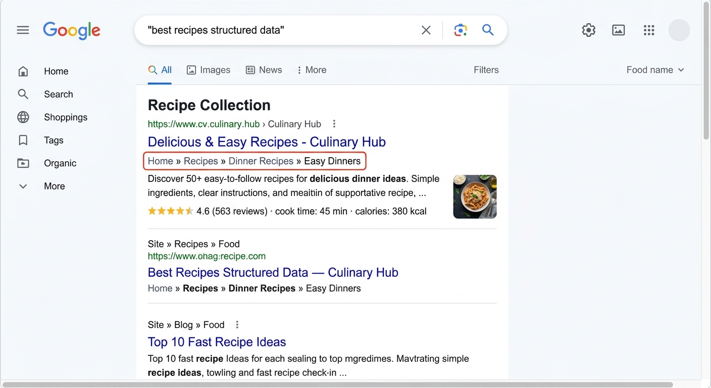 A screenshot-style illustration showing Google search results with breadcrumb navigation displayed beneath the page title, highlighting how structured data enhances the search listing appearance