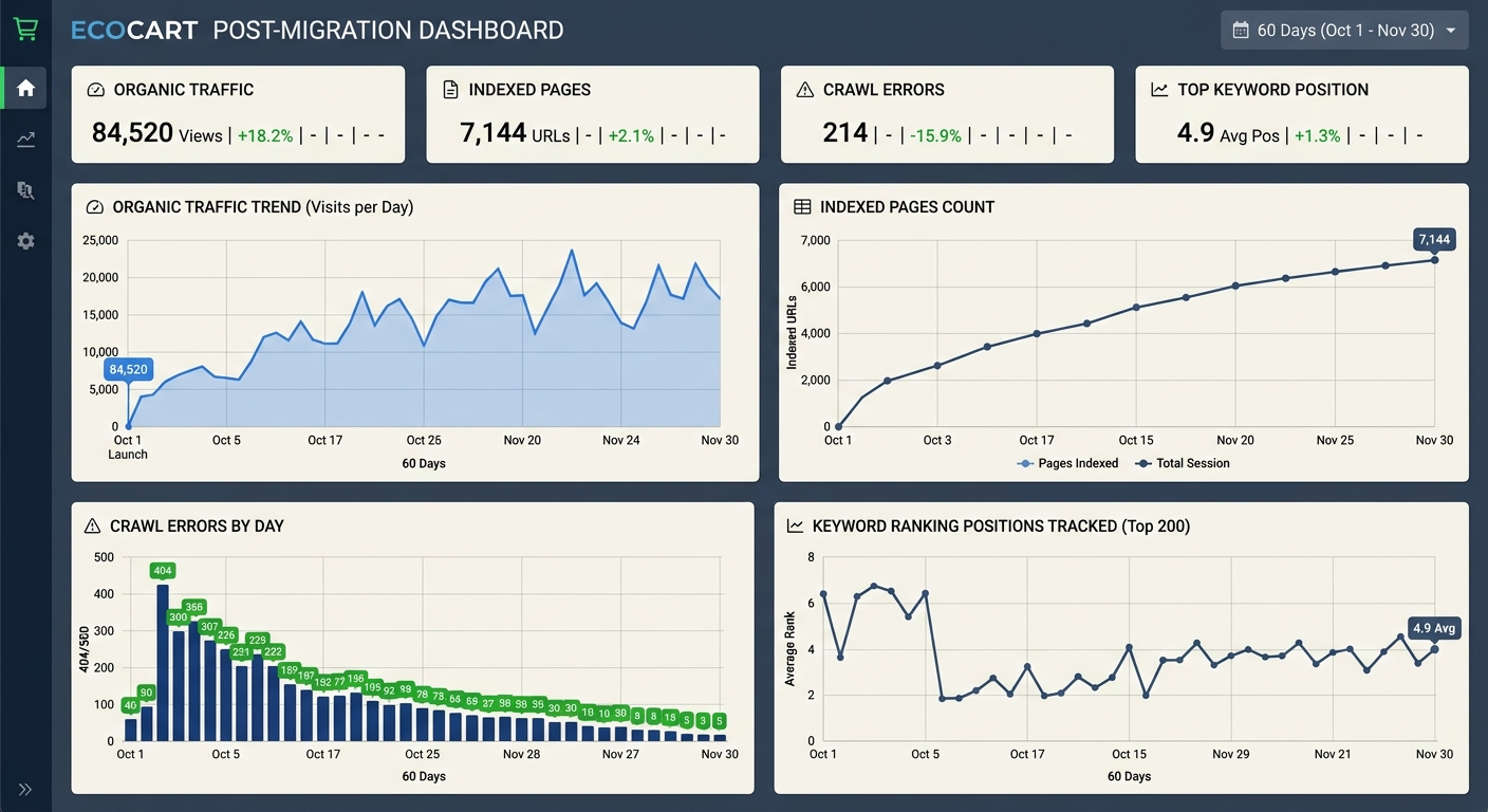 A monitoring dashboard mockup showing key post-migration metrics including organic traffic trend, indexed pages count, crawl errors, and keyword ranking positions tracked over a 60-day period after la