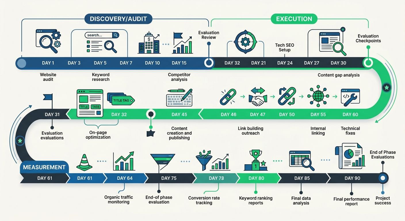 Timeline visualization of a 90-day SEO pilot project broken into three phases (Discovery/Audit, Execution, Measurement) with key deliverables and evaluation checkpoints marked at each stage