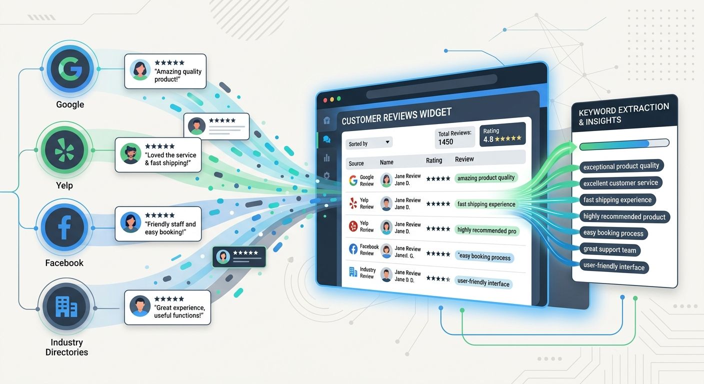 Illustration showing reviews from multiple platforms (Google, Yelp, Facebook, industry directories) flowing into a central website review aggregation widget, with highlighted long-tail keywords extrac