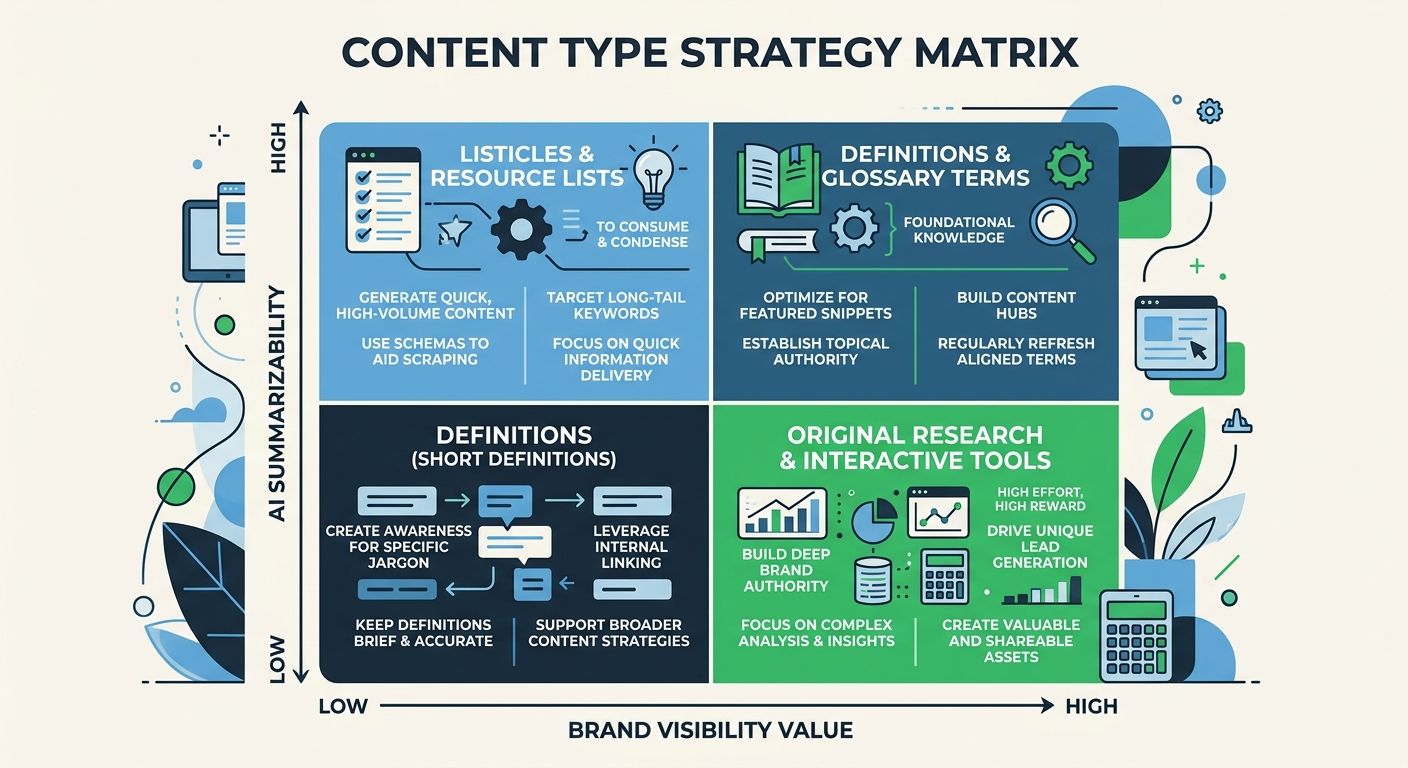 An infographic showing a 2x2 matrix of content types, with axes labeled "AI Summarizability" (low to high) and "Brand Visibility Value" (low to high), placing content formats like interactive tools, o
