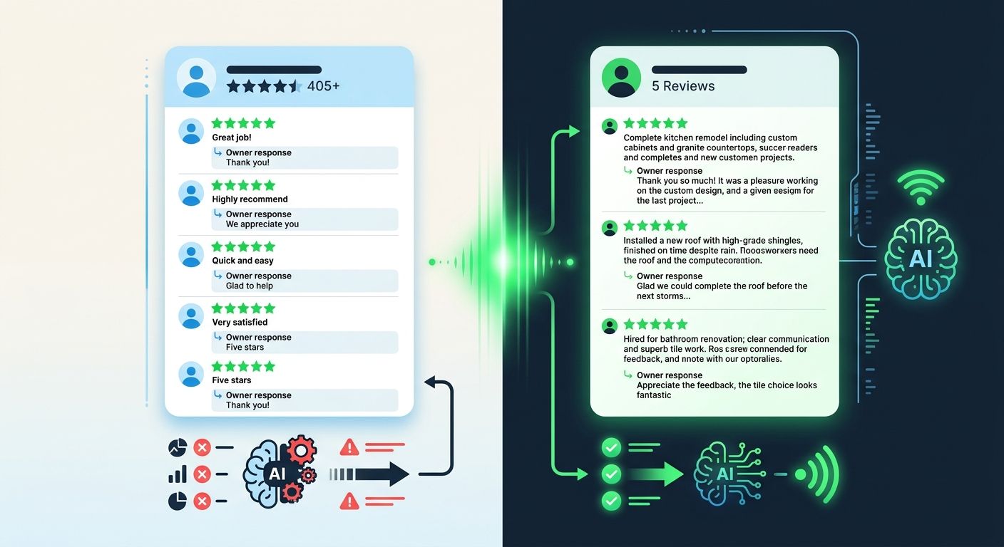A side-by-side comparison of two contractor review profiles, one with many short generic five-star reviews and templated responses, and another with fewer but detailed project-specific reviews with pe