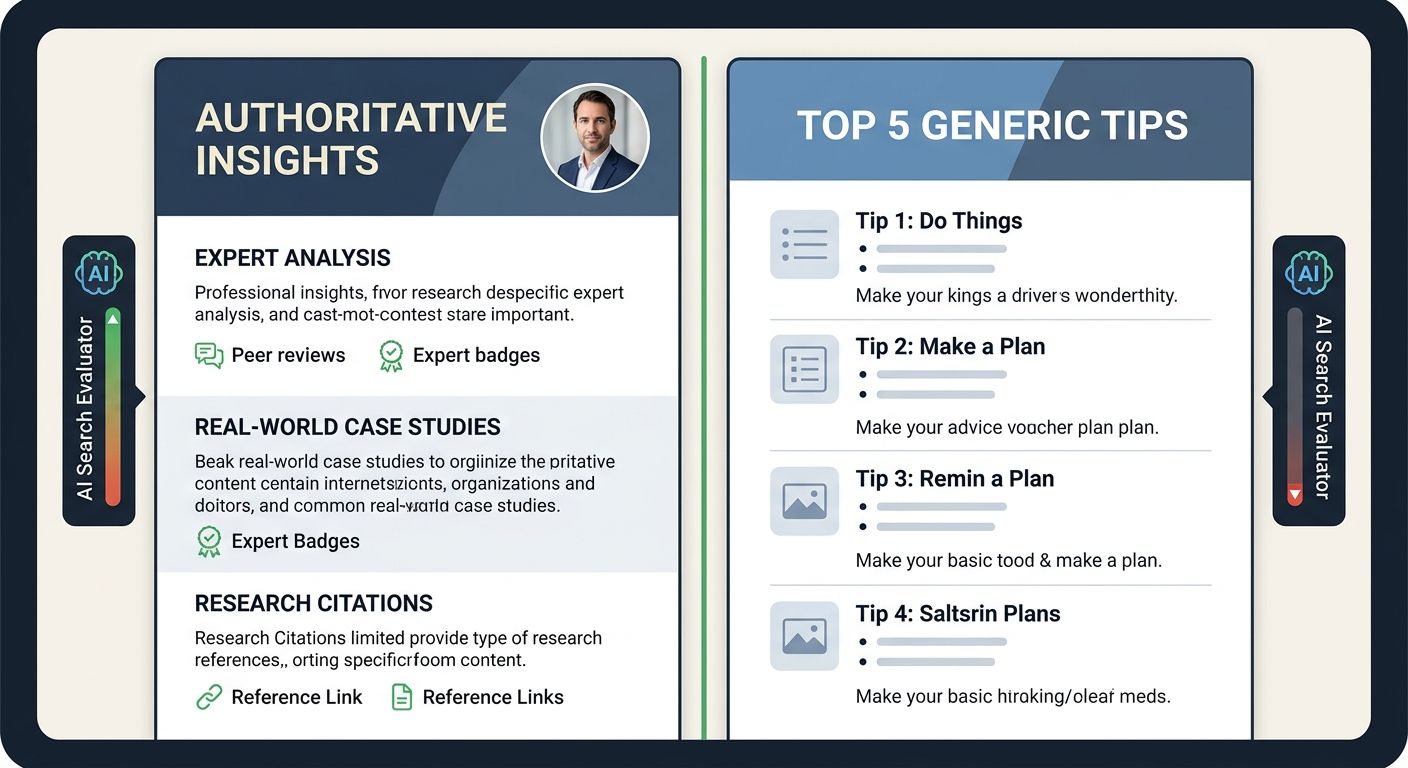A split-screen comparison showing a high-quality content page with author credentials, case studies, and citations on the left, versus a thin AI-generated listicle with generic advice on the right, bo