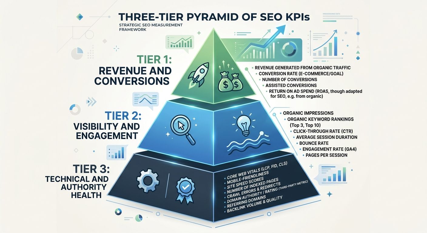 An infographic showing a three-tier pyramid of SEO KPIs, with Tier 1 Revenue and Conversions at the top, Tier 2 Visibility and Engagement in the middle, and Tier 3 Technical and Authority Health at th