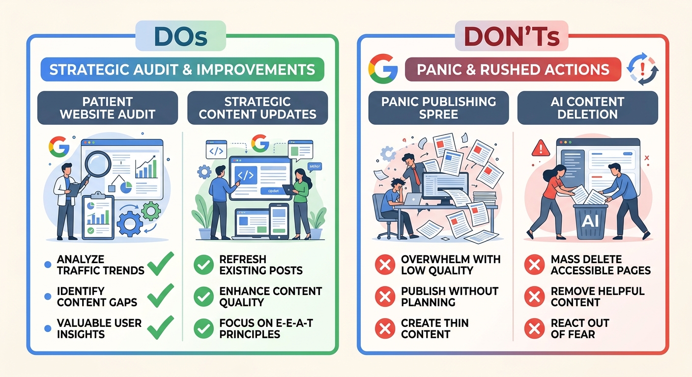 A simple illustration showing a "do vs don't" checklist for responding to a Google core update, with green checkmarks for patient auditing and strategic improvements, and red X marks for panic publish