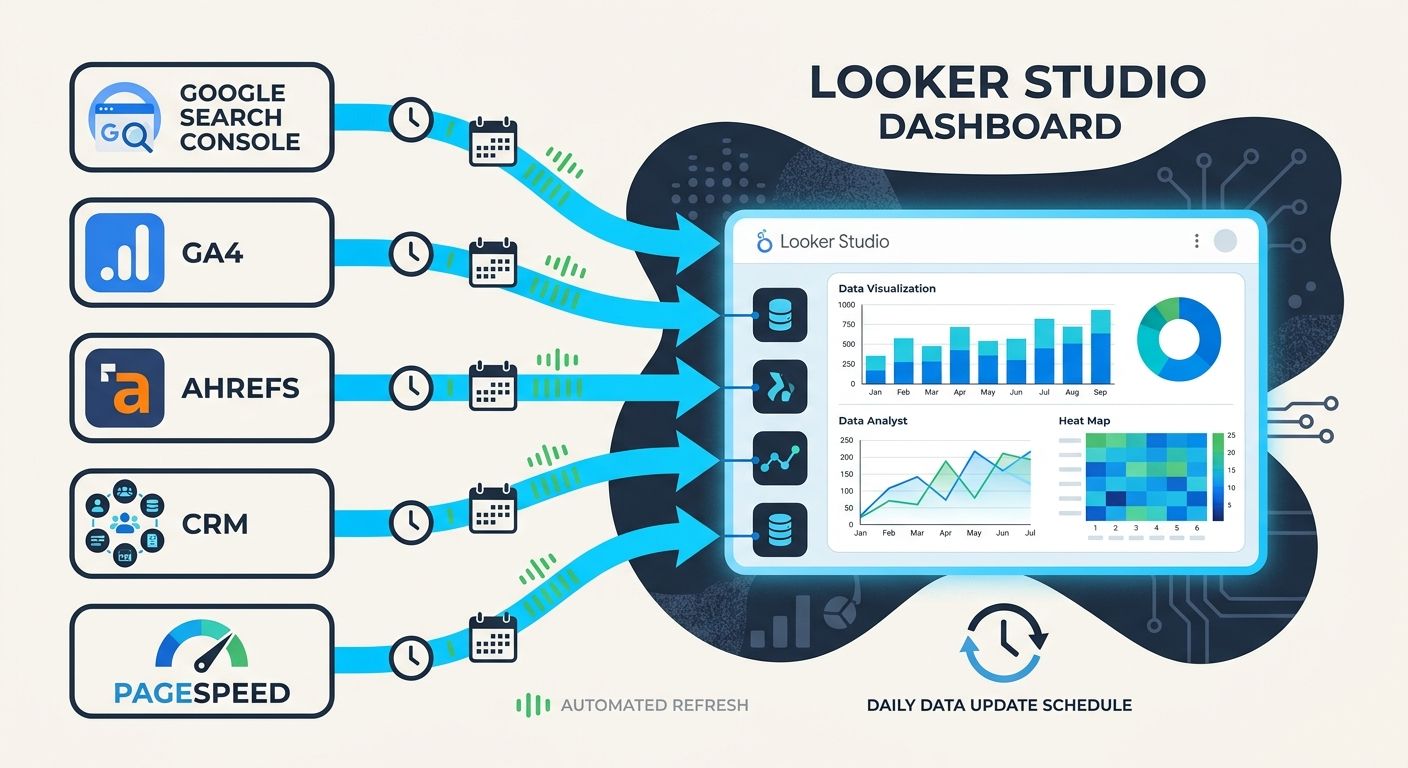 A diagram showing data flowing from multiple sources (Google Search Console, GA4, Ahrefs, CRM, PageSpeed) into a central Looker Studio dashboard, with arrows indicating automated data refresh schedule
