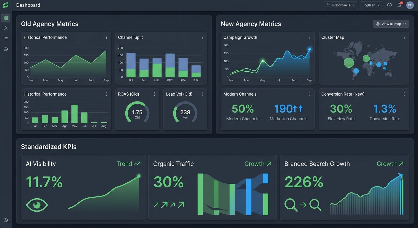 A dashboard mockup showing two side-by-side panels—one labeled "Old Agency Metrics" and one labeled "New Agency Metrics"—with a unified reporting layer at the bottom combining both into standardized K