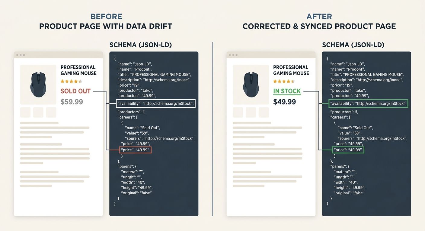 Before-and-after comparison showing a product page with schema drift (JSON-LD showing InStock and a price of $49.99 while visible page shows Sold Out and $59.99) and the corrected version with consist
