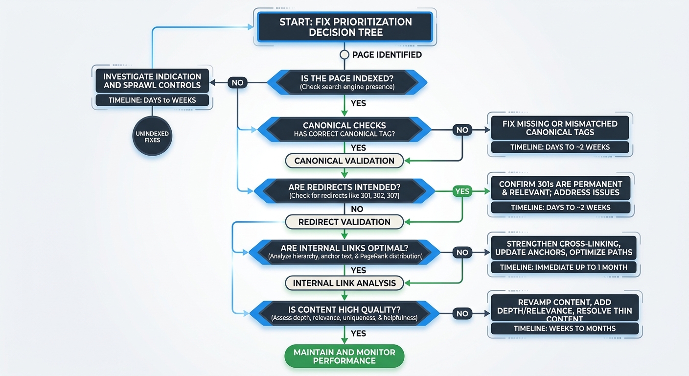 A flowchart showing the fix prioritization decision tree: starting with "Is the page indexed?" branching to canonical checks, then redirect validation, then internal link analysis, and finally content