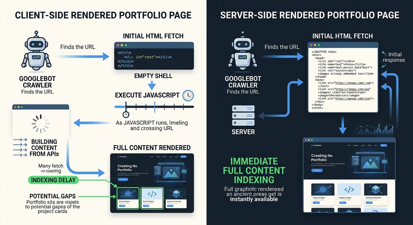 A side-by-side comparison diagram showing how Google's crawler processes a client-side rendered portfolio page versus a server-side rendered portfolio page, highlighting the indexing delay and potenti