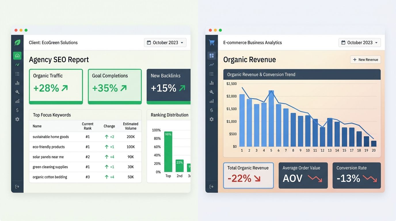 Screenshot-style comparison showing an agency SEO dashboard with green upward arrows and #1 rankings on the left, contrasted with a declining organic revenue graph on the right, illustrating the disco