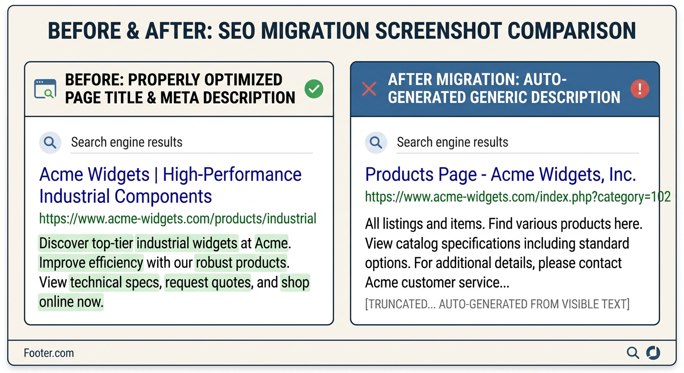 A before-and-after screenshot comparison showing a properly optimized page title and meta description versus an auto-generated generic one after migration, highlighting the difference in search result