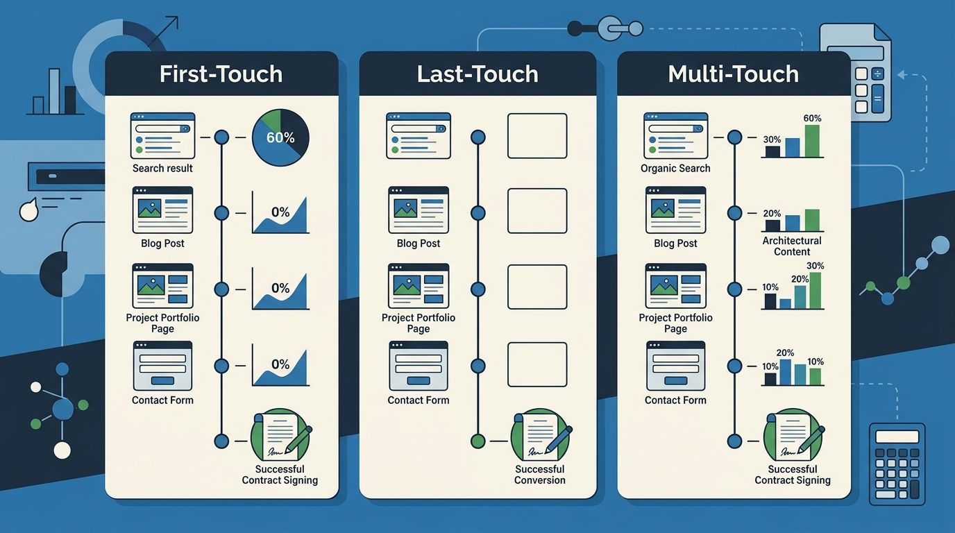 side-by-side comparison of three attribution models (first-touch, last-touch, and multi-touch) applied to an architecture firm's client acquisition journey, showing how each model assigns different cr