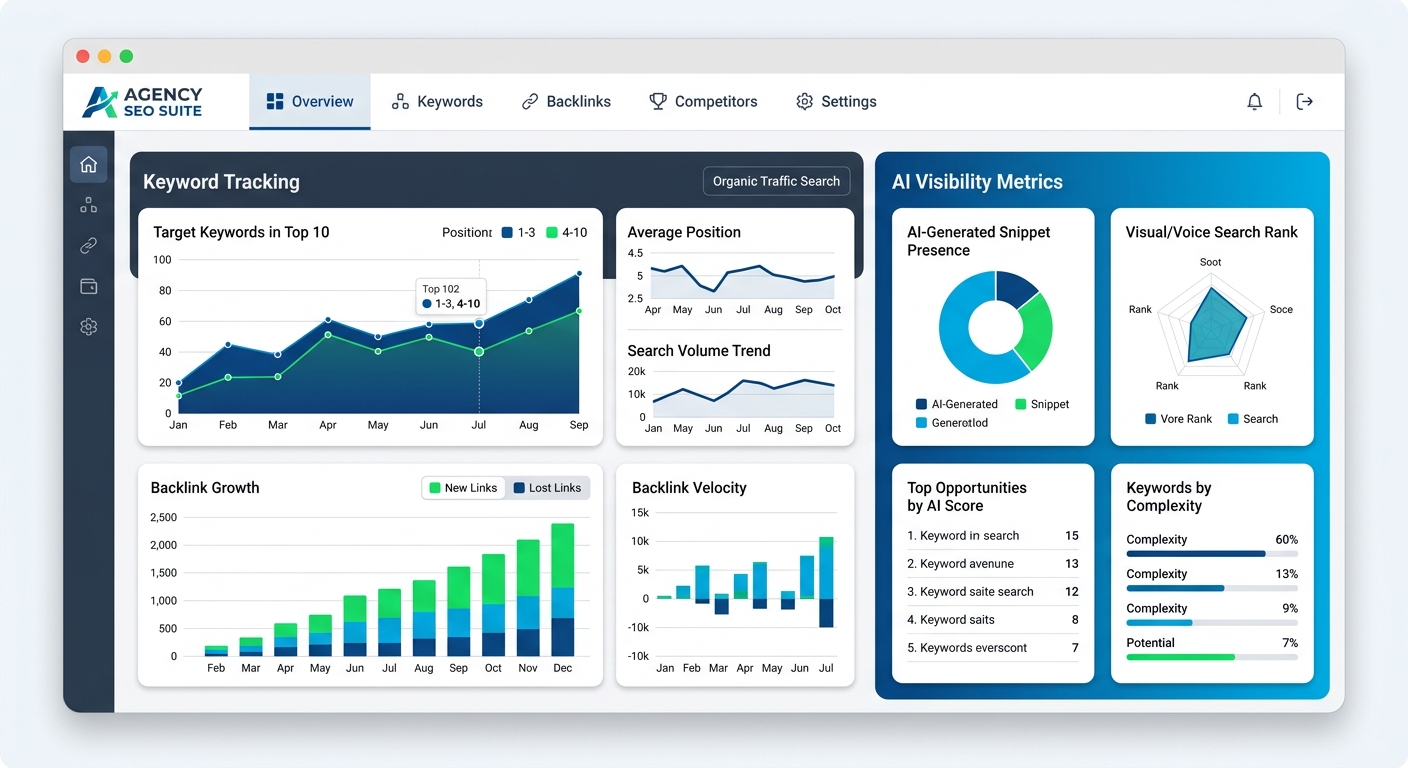 A screenshot-style illustration of a custom agency SEO dashboard built with API data, showing keyword tracking charts, backlink growth graphs, and AI visibility metrics in a clean modern interface