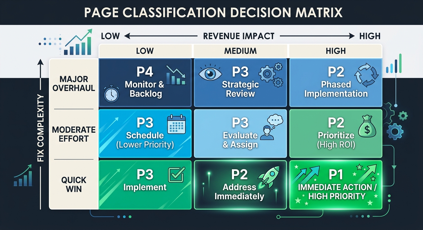 A decision matrix diagram showing how to classify affected pages by revenue impact (high/medium/low) on one axis and fix complexity (quick win/moderate effort/major overhaul) on the other, with recomm